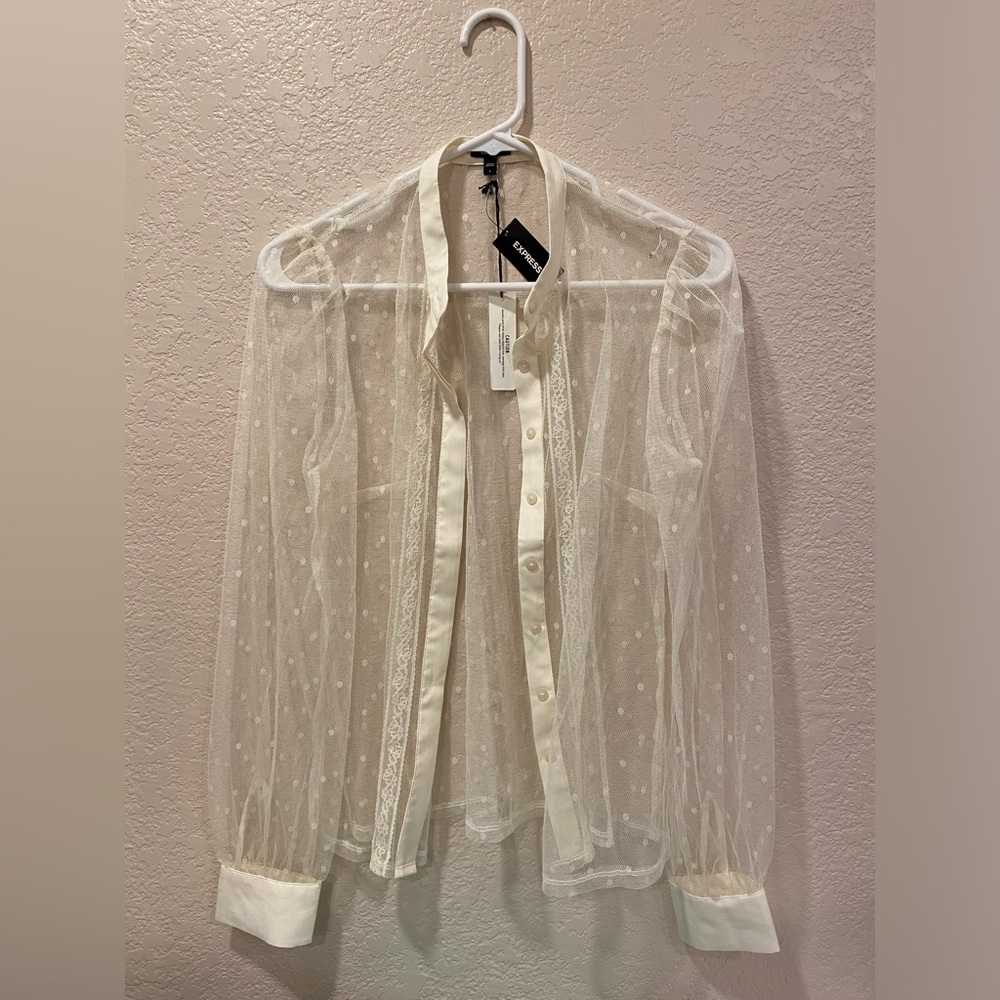 Express Long Sleeve Lace Button Down Small White Top NWT